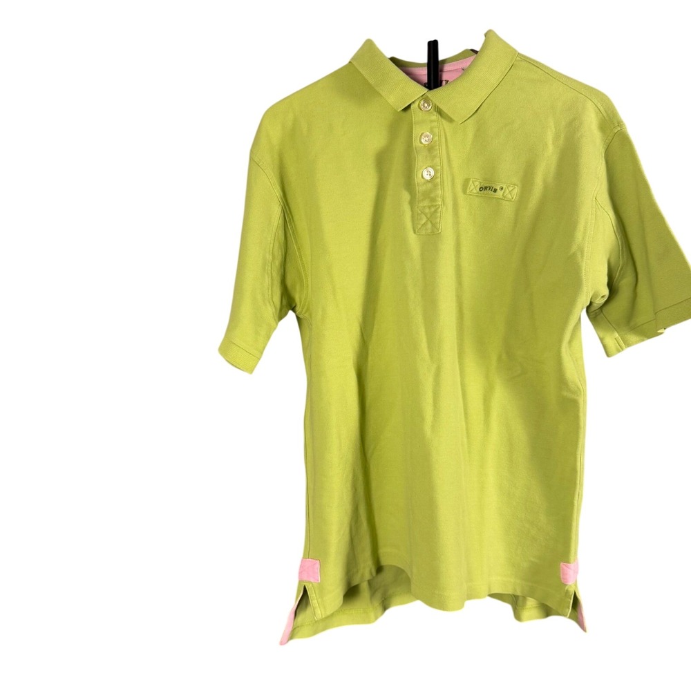 Orvis Mens Lime‎ Green Pink Accent Cotton Pique Short Sleeve Polo Shirt Size M
